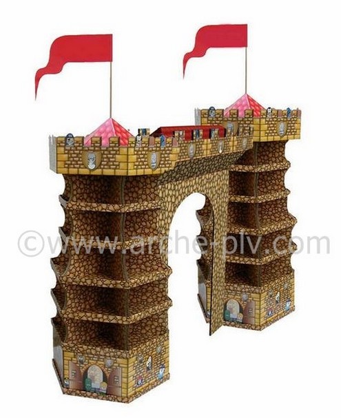 présentoir plv - arche publicitaire en forme de château-fort avec étagères et deux drapeaux