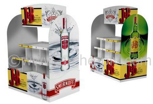 présentoir plv - bac à distribution de produits avec étagères et fronton décoré