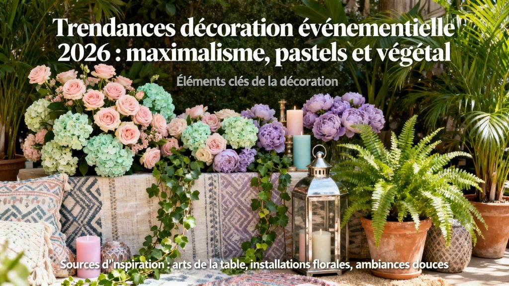 Tendances décoration événementielle 2026 : maximalisme, pastels et végétal avec texte